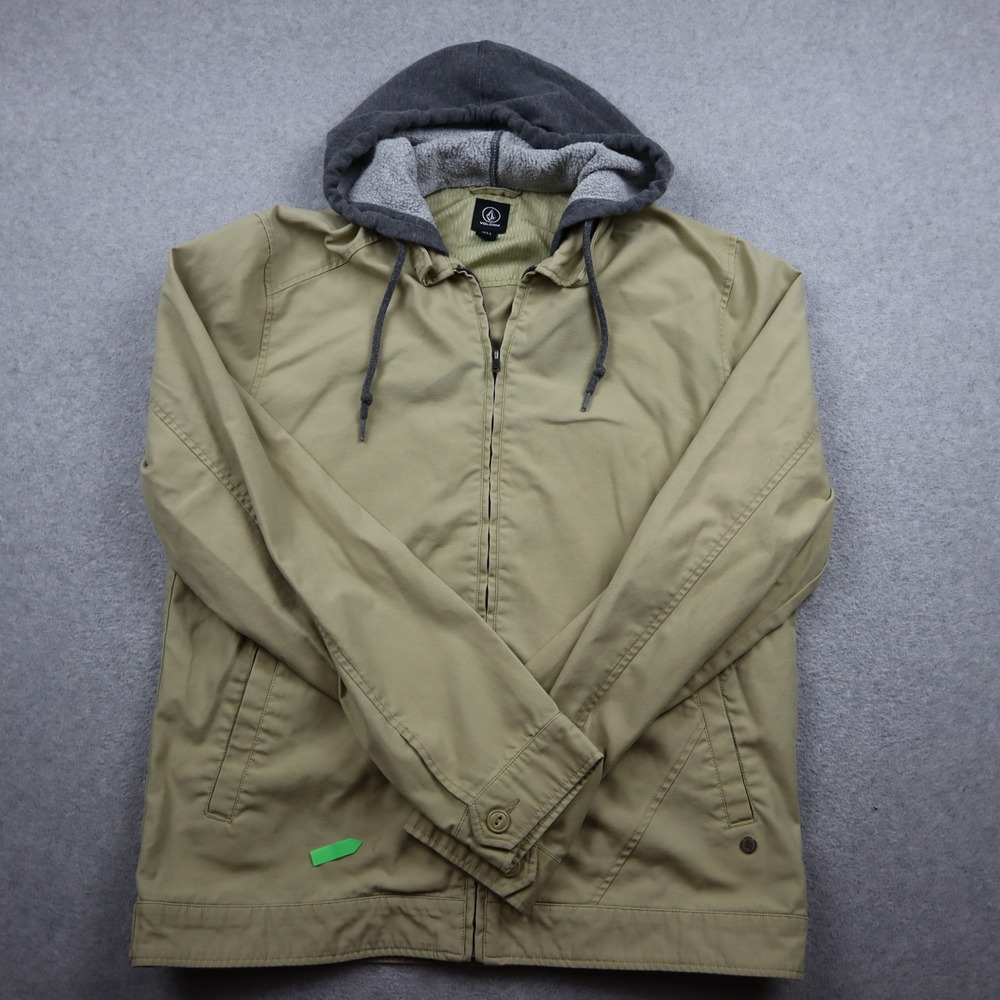 Volcom Jacket Mens Large Tan Khaki Hooded Full Zip Canvas Skateboarding Casual
